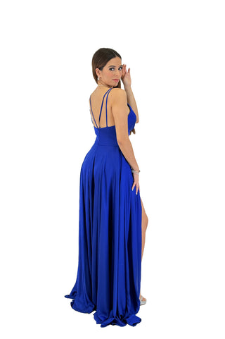 Long Formal Satin Dress with a High Slit and Double Straps